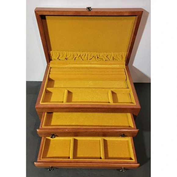Vintage Wooden Jewelry Box Chest Organizer Yellow Felt Lined 2 Drawer Open Top - Picture 1 of 16